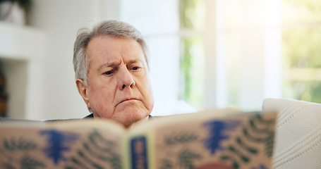 Image showing Home, relax and senior man reading a book, thinking and knowledge with hobby, retirement and serious. Pensioner, apartment and elderly person in a living room, idea and story with novel or literature