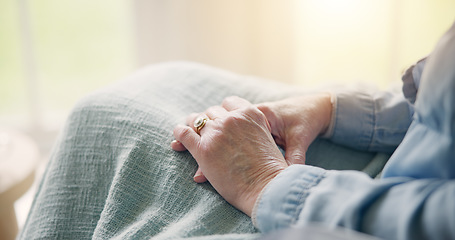 Image showing Senior, woman and hand with closeup in retirement home for comfort, care or support for nostalgia of past. Elderly patient, alone and depression for bad mental health, stress or anxiety with worry