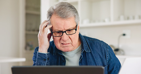 Image showing Stress, laptop or elderly man planning for financial spreadsheet or retirement investment in home. Frustrated, debt or senior person reading news online to check savings account, banking or inflation