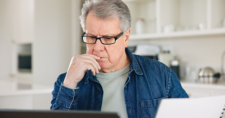 Image showing Thinking, laptop or elderly man with paperwork planning for financial spreadsheet or retirement investment. Documents, web or senior person reading news online or savings account or banking in home