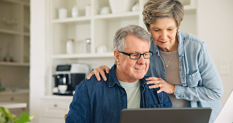 Image showing Budget, laptop or senior couple planning for financial spreadsheet or investment in retirement. Research, finance report or elderly people typing online to check savings account, mortgage or taxes
