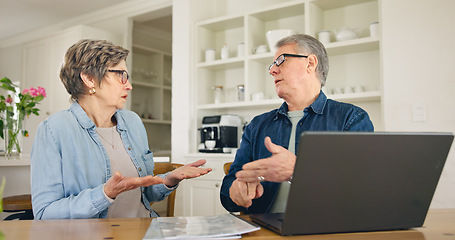 Image showing Laptop, budget and stress with a senior couple in their home together, talking about accounting or finance. Tax, debt or financial crisis with an elderly man and woman in disagreement about money