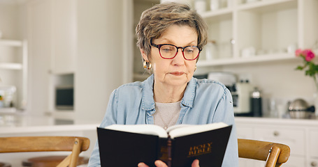 Image showing Reading, Bible and old woman in home with Christian worship, prayer or education in faith. Elderly, person and studying holy gospel, religion or trust in God with spiritual learning in retirement