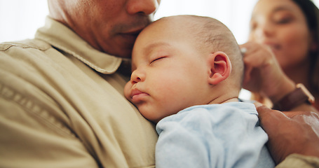 Image showing Baby, sleep on father chest for tired rest or childhood development, dream or safety growth. Male person, kid and relax nap on parent for snooze comfort or peace support, calm bonding in dad hands