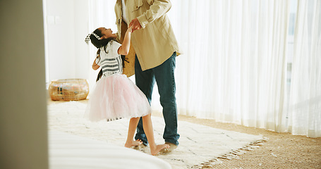 Image showing Home, dancing and father with girl, happiness and relax with family, cheerful and celebration. Dad, parent and kid with joy, childhood or bonding together with love, steps and move with fun or ballet