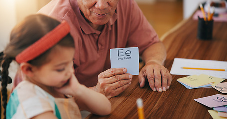 Image showing Child, senior man and education or card, teaching and learning at home, language and support. Girl, grandfather and letters or tutoring, assessment and alphabet for development or english homework