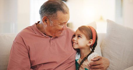 Image showing Home, relax and hug with grandfather, girl and happiness with weekend break, joyful and bonding together. Old man, senior person and child with a smile, embrace and support with love, care and kid