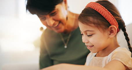 Image showing Happy grandmother, child and relax on sofa for bonding, holiday or weekend together at home. Grandma, little girl or kid smile for support, love and care in joy for childhood development at house