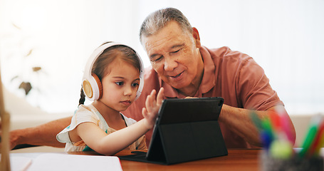 Image showing Headphones, grandfather and kid on tablet for elearning, studying and knowledge. Education technology, girl child and grandpa in virtual class, school and help, teaching and typing homework online