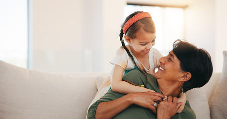 Image showing Home, relax and hug with grandmother, girl and happiness with weekend break, embrace and bonding together. Old woman, senior person and child with joy, conversation or support with love, care and kid