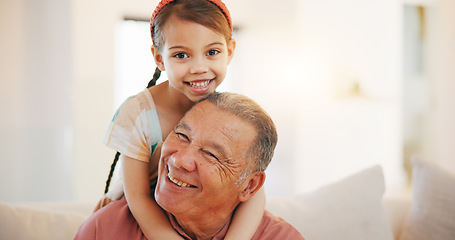 Image showing Home, portrait and hug with grandfather, girl and embrace with weekend break, relax and bonding together. Old man, senior person and child with joy, happiness and support with love, care and face