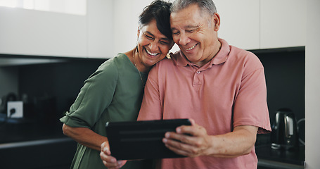 Image showing Senior couple, tablet and video call for social conversation, kitchen and lunch time. Grandparents, technology and communication with family, man and woman in retirement, happiness and connection