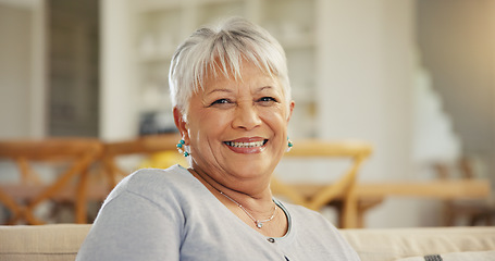 Image showing Senior woman, portrait and smile on sofa in home to relax for retirement, good mood and confidence. Happy face, elderly lady and pensioner in living room with wisdom of old age, grey hair or optimism