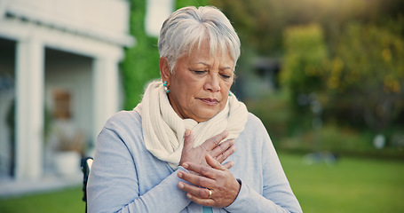 Image showing Heart attack, pain and senior woman in a garden with hands on chest, anxiety or breathing problem. Cardiac arrest, stress and old lady outdoor retirement home with asthma, heartburn or lung disease