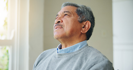 Image showing Thinking, nostalgia and senior man at a nursing home window with memory, moment or relax. Remember, face and elderly male person in a living room with reflection, calm or chilling in retirement