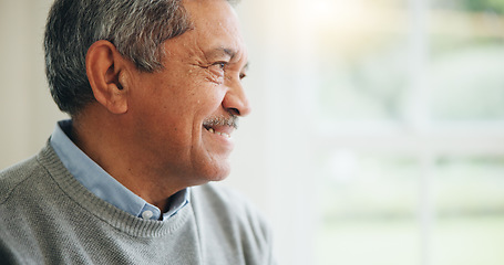 Image showing Senior man, smile and wellness in home for confident, pride to enjoy retirement with peace. Mature person, happy and face of gratitude for trust, positive and satisfaction to relax in nursing house