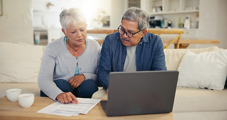 Image showing Elderly, couple and laptop with document for financial planning, investment or paperwork for retirement. Senior man, woman and tech with budget for online banking, account or savings in home