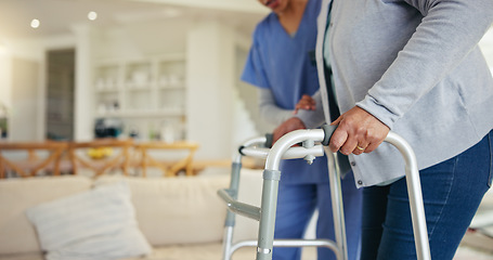Image showing Senior woman, person with disability and walker for nurse, couch, walking frame and elderly care. Healthcare or mobility for medical, patient rehabilitation or injury for therapy support or recovery