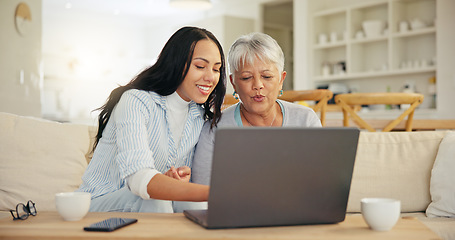 Image showing Woman, senior mom and laptop with teaching, reading and typing for email notification, web or search. Computer, elderly mother and daughter with click, learning and family home lounge on social media