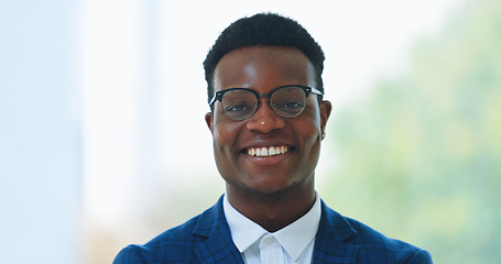 Image showing Happy, office and portrait of business black man with pride, confidence and positive mindset for ambition. Corporate, company and face of person with glasses for career, work and job in workplace