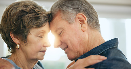 Image showing Senior couple, forehead and touch in house with love support, loyalty and security in retirement in family home. Mature man, woman or marriage gratitude for together, commitment or care in apartment