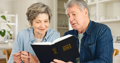 Image showing Bible study, reading and senior couple in home with Christian worship, prayer and education in faith. Elderly, people and studying holy gospel, religion or trust in God and together in retirement