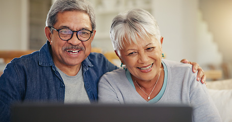 Image showing Home, laptop and senior couple with video call, smile and connection with happiness, speaking or communication. Apartment, old man or elderly woman with pc, joy or network with internet or online web