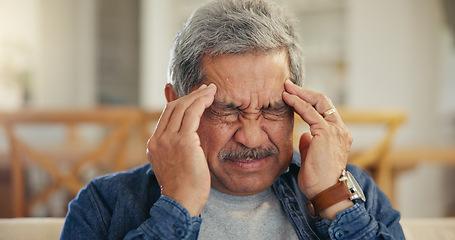 Image showing Headache, senior man and stress in home for mistake, mental health and brain fog in retirement. Face, tired and frustrated elderly guy with migraine, crisis and pain of vertigo, trauma and fatigue