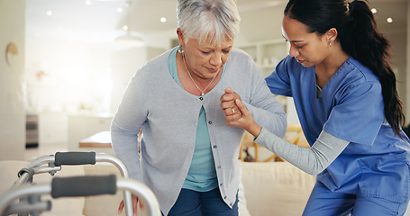 Image showing Senior woman, person with disability and nurse for help to couch, walking frame and handholding. Healthcare or elderly for medical, patient rehabilitation and injury for therapy, support or recovery