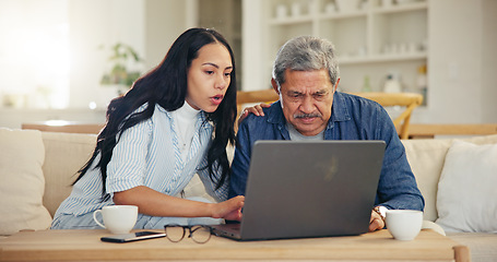 Image showing Woman, senior dad and laptop with teaching, reading and typing for email notification, web or search. Computer, elderly father and daughter with click, learning and family home lounge on social media