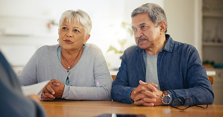 Image showing Senior couple, documents and listening to lawyer for retirement plan, finance or investment at home. Mature man and woman with attorney for budget planning, paperwork or legal agreement together