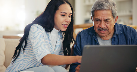 Image showing Woman, senior father and laptop with teaching, reading and typing for email notification, web or search. Computer, elderly dad and daughter with click, learning and family home lounge on social media