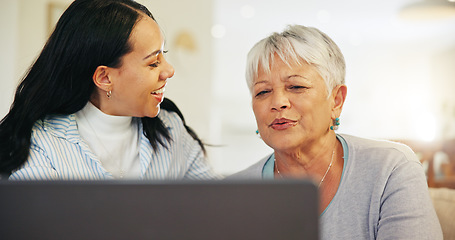 Image showing Woman, elderly mom and laptop with teaching, reading and typing for email notification, web or search. Computer, senior mother and daughter with click, learning and family home lounge on social media