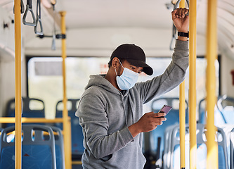 Image showing Bus travel, smartphone and man with a mask, safety protection and typing with social media. Person, traveller and guy with face cover, covid regulations or cellphone with public transportation or app