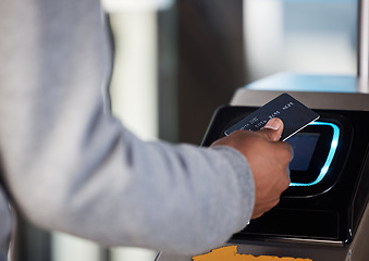 Image showing Hands, man and bus card for payment, finance or digital banking tech for travel service. Closeup, scan and transportation terminal machine for subway journey, train credit or money for public commute