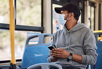 Image showing Smartphone, man and mask with bus travel, connection and social media with internet, public transportation or reading notification. Person, traveller or guy with face cover, covid policy or cellphone