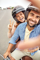 Image showing Couple, peace sign and smile in selfie, hand and road trip or vacation, scooter and embrace in portrait. Happy people, freedom and emoji or icon in outdoors, travel and face or tourism with helmet