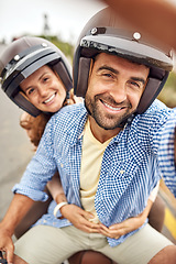 Image showing Couple, scooter and selfie for fun, adventure and vacation or holiday, romance and embrace in portrait. Happy people, freedom and motorcycle in outdoors, travel and explore for tourism, hug or free