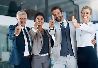 Image showing Portrait, thumbs up or happy business people in agreement, support or collaboration together in office. Community, teamwork or group of proud employees with diversity, yes sign or like hand gesture