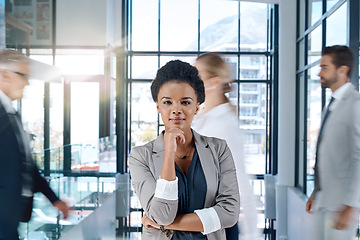 Image showing African, thinking or portrait of business woman with vision in agency, company or busy office. Ideas, confident or proud manager in a professional career problem solving or brainstorming for solution