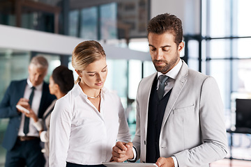 Image showing Teamwork, problem solving or business people with tablet planning for an online project strategy. Digital research, ideas or employees in office working on a meeting schedule or solution together