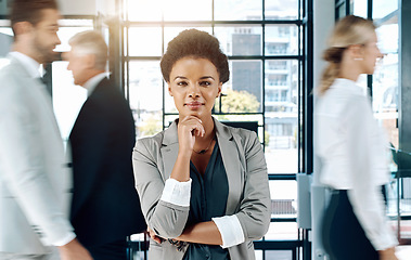 Image showing Business, thinking or portrait of black woman with vision in agency, company or busy office. Ideas, manager or African person in a professional career problem solving or brainstorming for solution