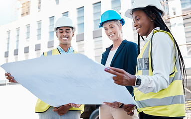 Image showing Architect, blueprint or building engineer meeting or planning architecture design strategy outside. Group diversity, construction teamwork or female property leader with real estate innovation vision