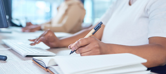 Image showing Writing, typing and working on a office notebook and doing web research online on a computer. Hands of database administrator man worker planning a ux tech job strategy or erp innovation growth