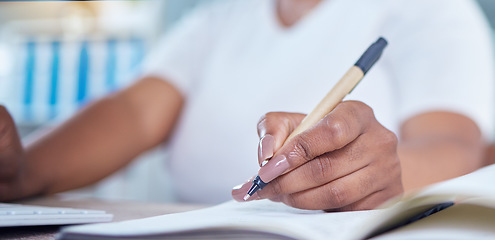 Image showing Hands, paper and writing of a woman at work and working on paperwork or documents at the office. Female business worker or employee hand and pen ready to write plan, records or customer information.