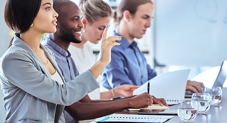 Image showing Business meeting with woman hand raise in boardroom for question on diversity and company business strategy success. Corporate management team presentation and planning of global vision and mission