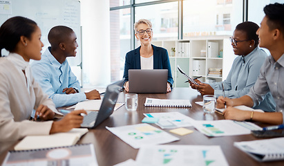 Image showing Meeting, teamwork and finance with a team planning and working on a strategy for growth and development in the boardroom. Collaboration, paperwork and training with a female leader, manager or CEO