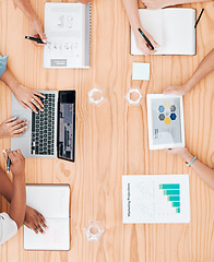 Image showing Collaboration, marketing and technology with a business team during a meeting in their office with a laptop, tablet and paperwork. Teamwork and advertising with a group planning for future growth