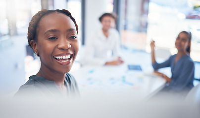 Image showing Black woman manager and business people with whiteboard presentation, planning and meeting for company budget. Happy African corporate success, strategy and leadership of global marketing agency