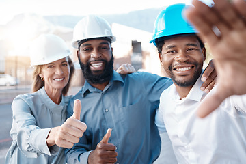 Image showing Happy, construction site and team selfie with the thumbs up gesture while building, planning and engineering. Architecture, smile and group of architects approve the safety of a development project